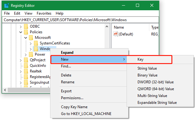 create a new key in Registry Editor