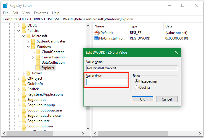 change value data of NoUninstallFromStart to 1