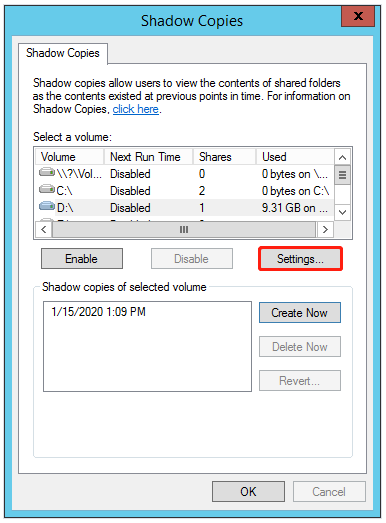 click Settings on Shadow Copies