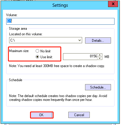 specify the shadow copy size limit