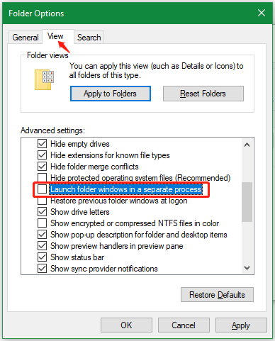 uncheck Launch folder windows in a separate process