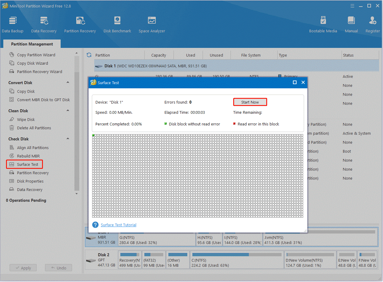 click Surface Test on MiniTool