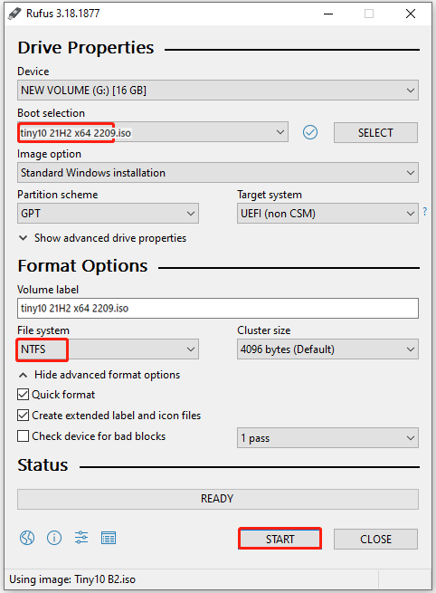 create Tiny10 21h2 installation media using Rufus