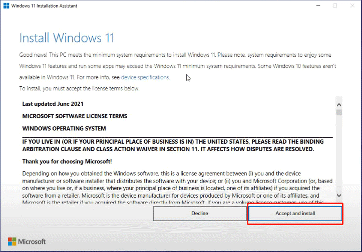click Accept and install in Windows 11 Installation Assistant