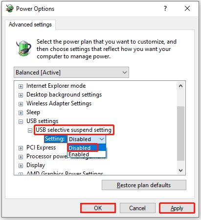 disable USB selective suspend setting