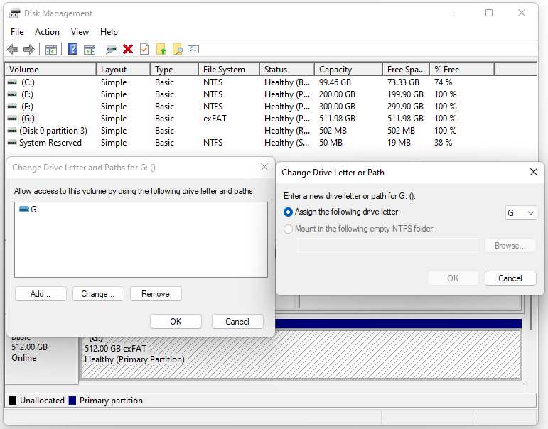 use Disk Management to change drive letter