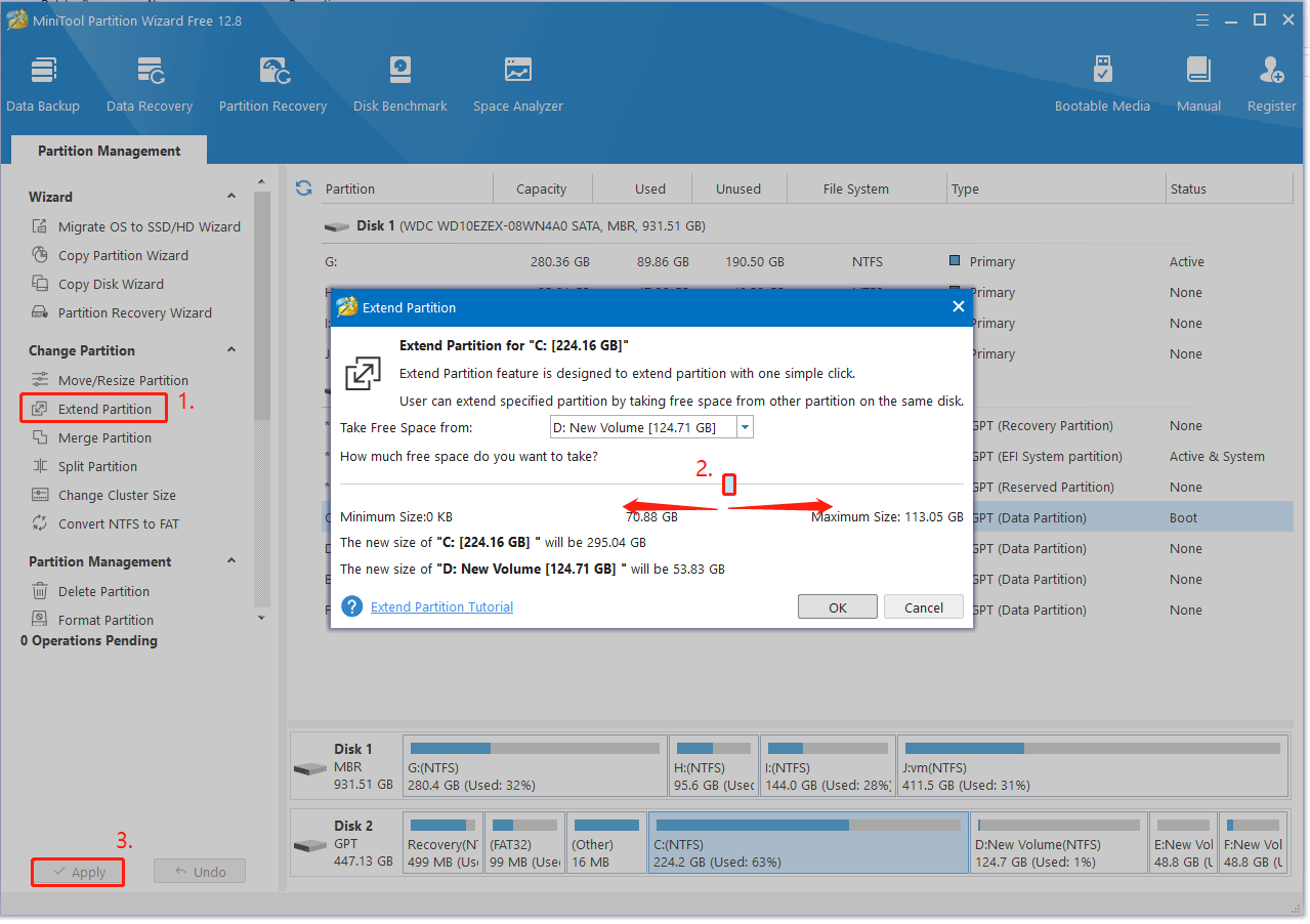 extend the partition using MiniTool