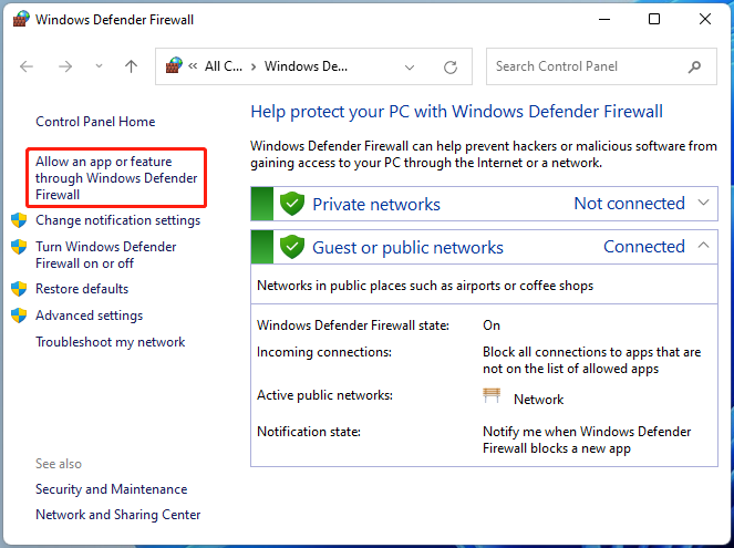 Allow an app or feature through Windows Defender Firewall