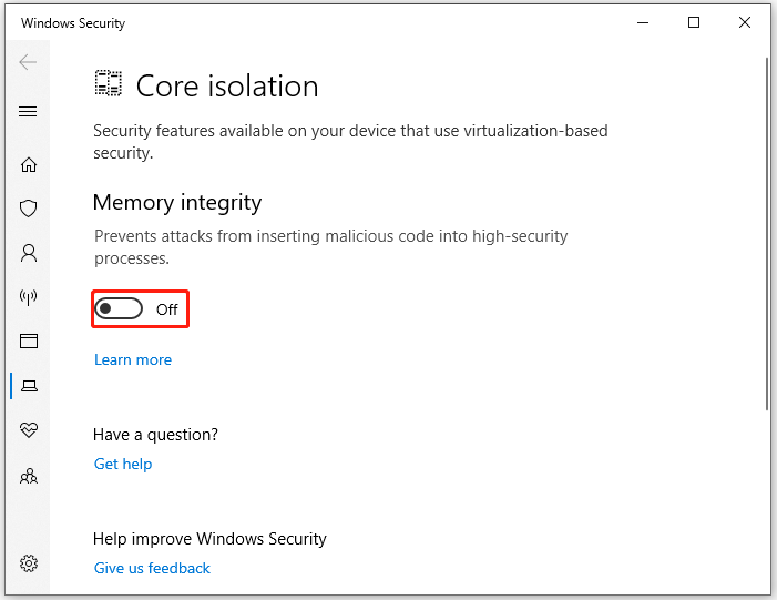 toggle off Memory integrity