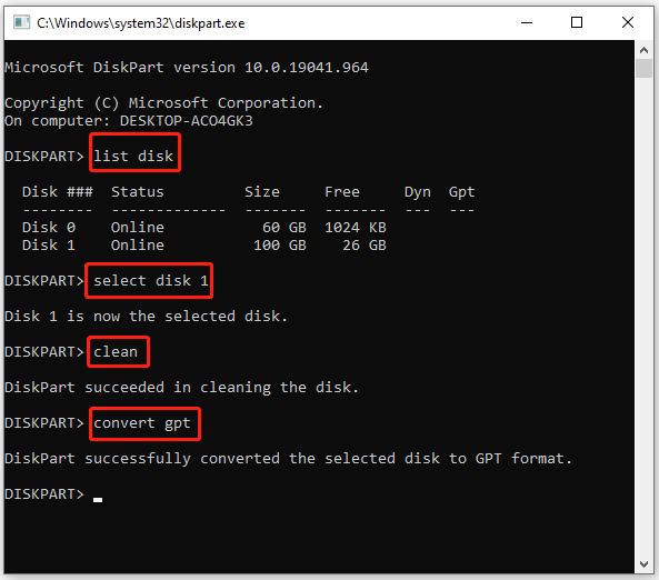 input the above commands to convert MBR disk to GPT disk