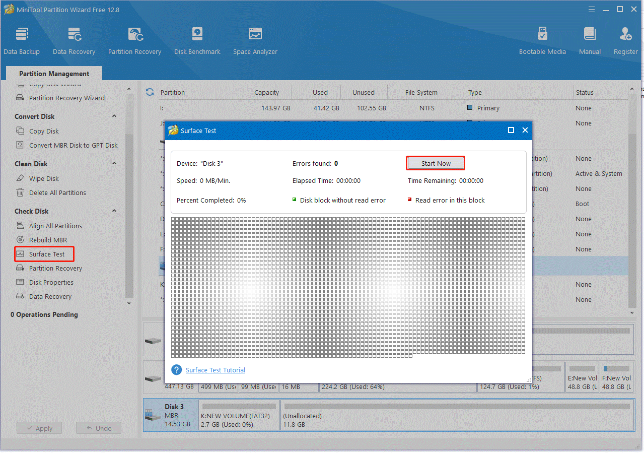 perform a surface test on MiniTool