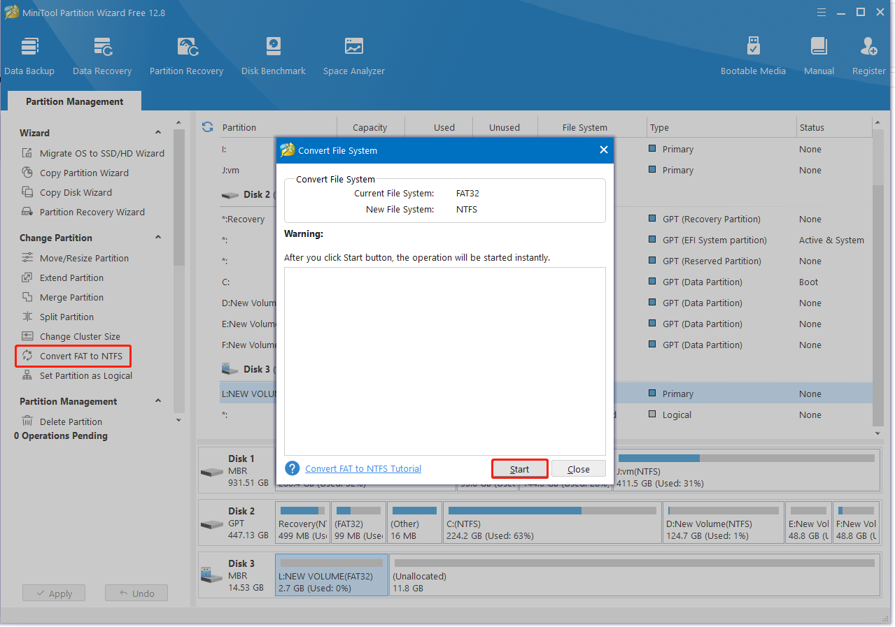 convert FAT to NTFS using MiniTool