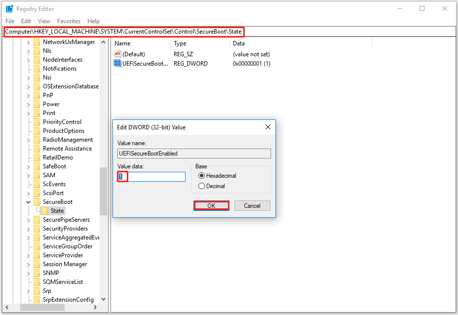 use Registry Editor to enable Secure Boot