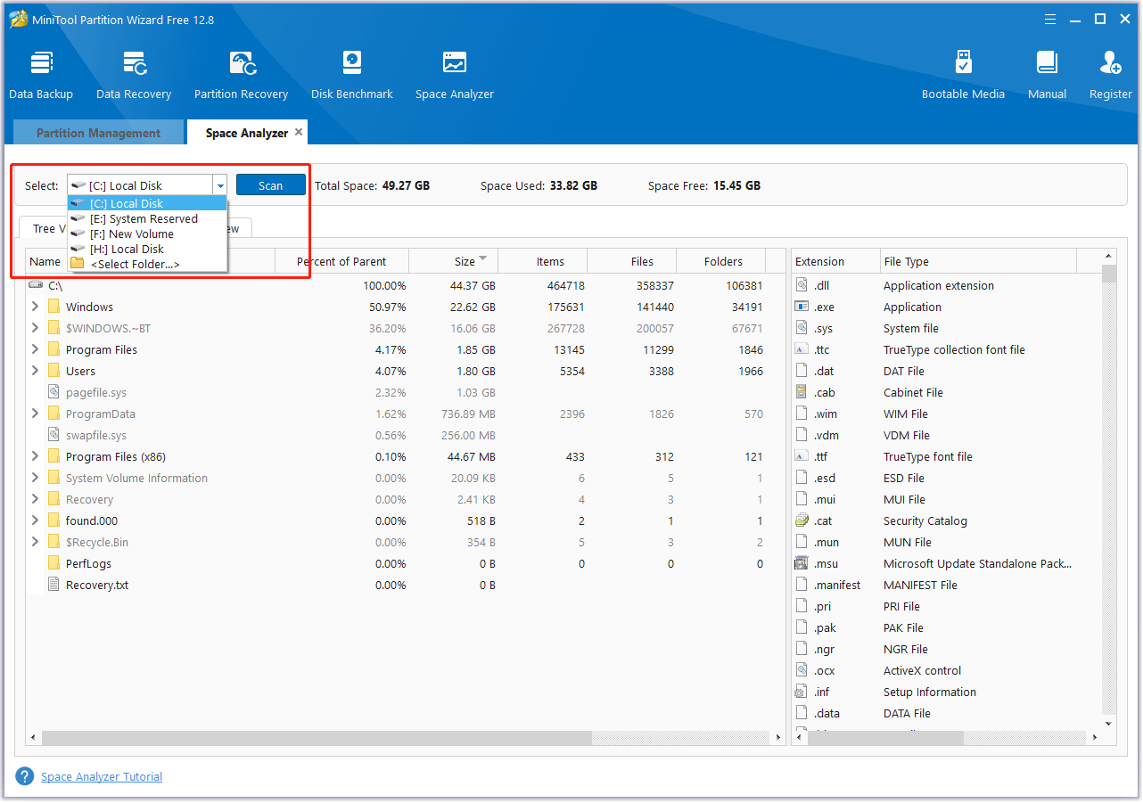select a partition to analyze space