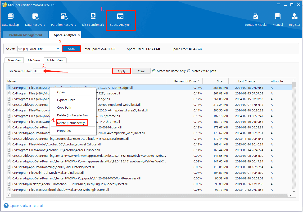 delete DLL files using MiniTool Partition Wizard