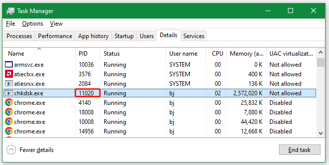 find PID in Task Manager