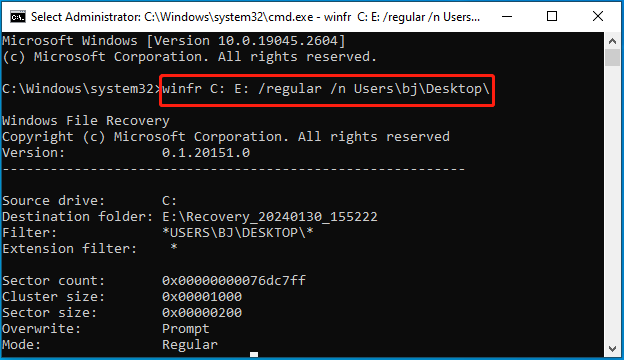 use winfr command to recover data