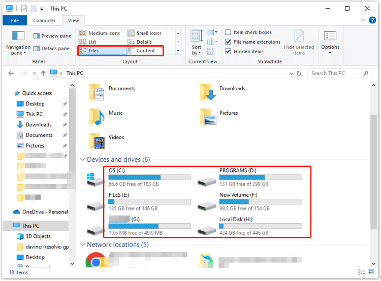 unhide drive space indicator bar