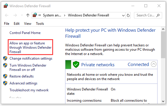 Allow an app or feature through Windows Defender Firewall