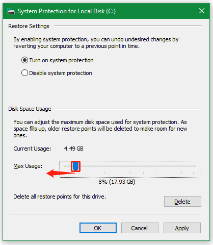 reduce max usage for system restore