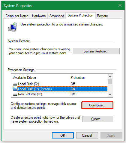 click Configure under protection settings