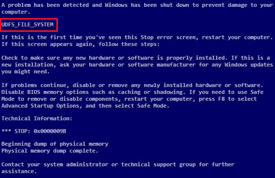 UDFS FILE SYSTEM blue screen error