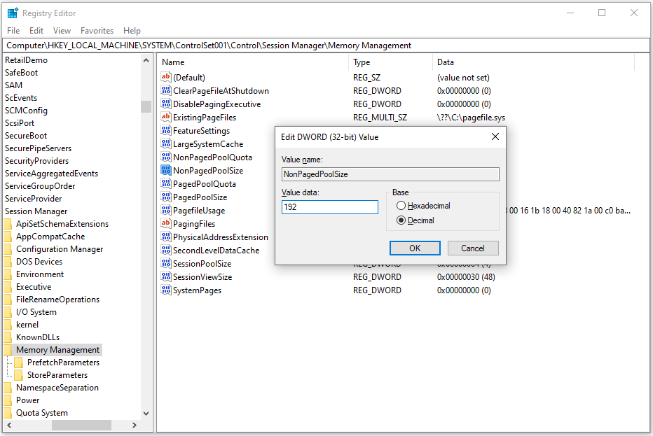 edit NonPagedPoolSize DWORD Value
