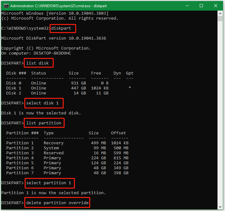 delete recovery partition using DiskPart