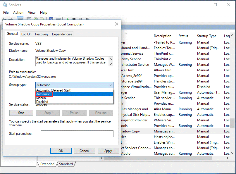 enable Volume Shadow Copy service