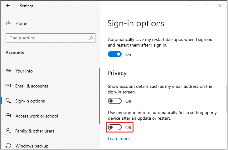 disable sign in info settings