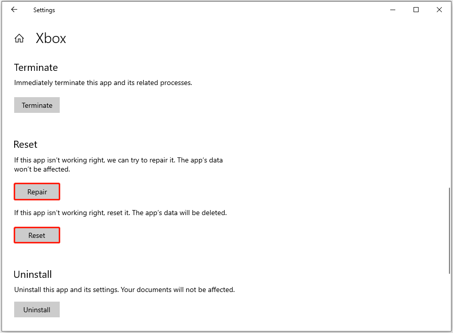 click Repair and Reset sequentially