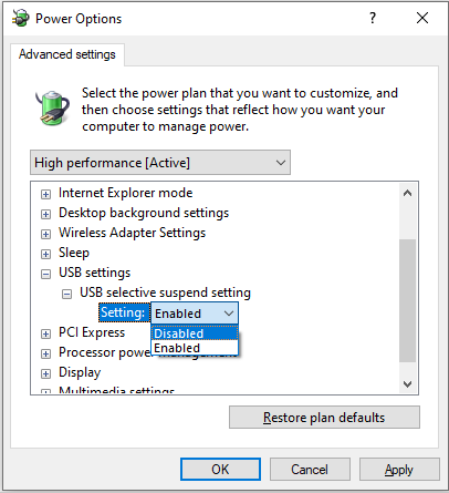 disable USB selective suspend setting