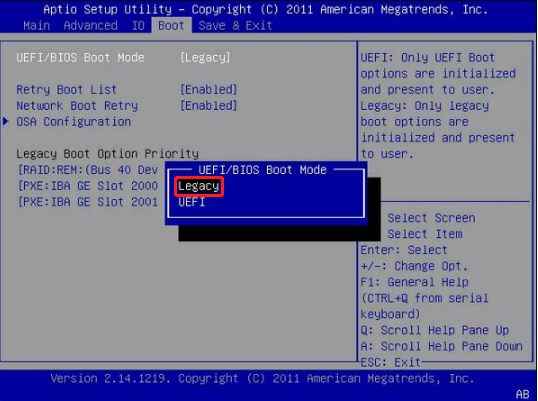set boot mode to Legacy