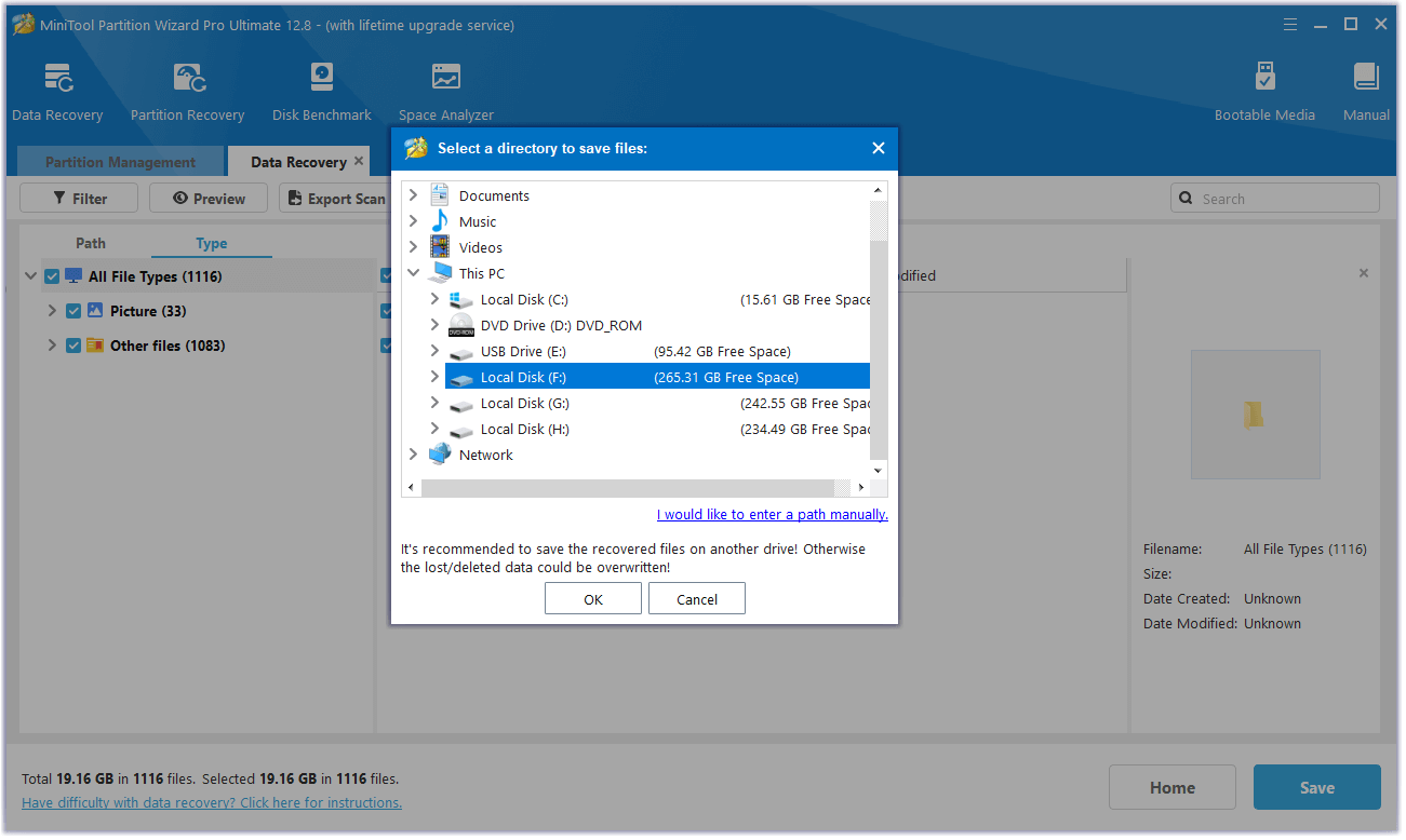 choose a location to save the recovered files