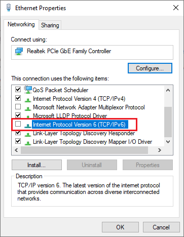 uncheck the Internet Protocol Version 6 (TPC/IPv6) option