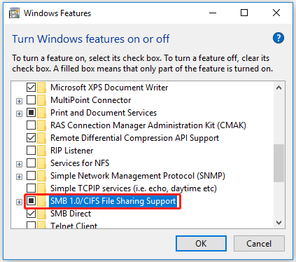 Make sure the SMB 1.0/CIFS Sharing Support is installed