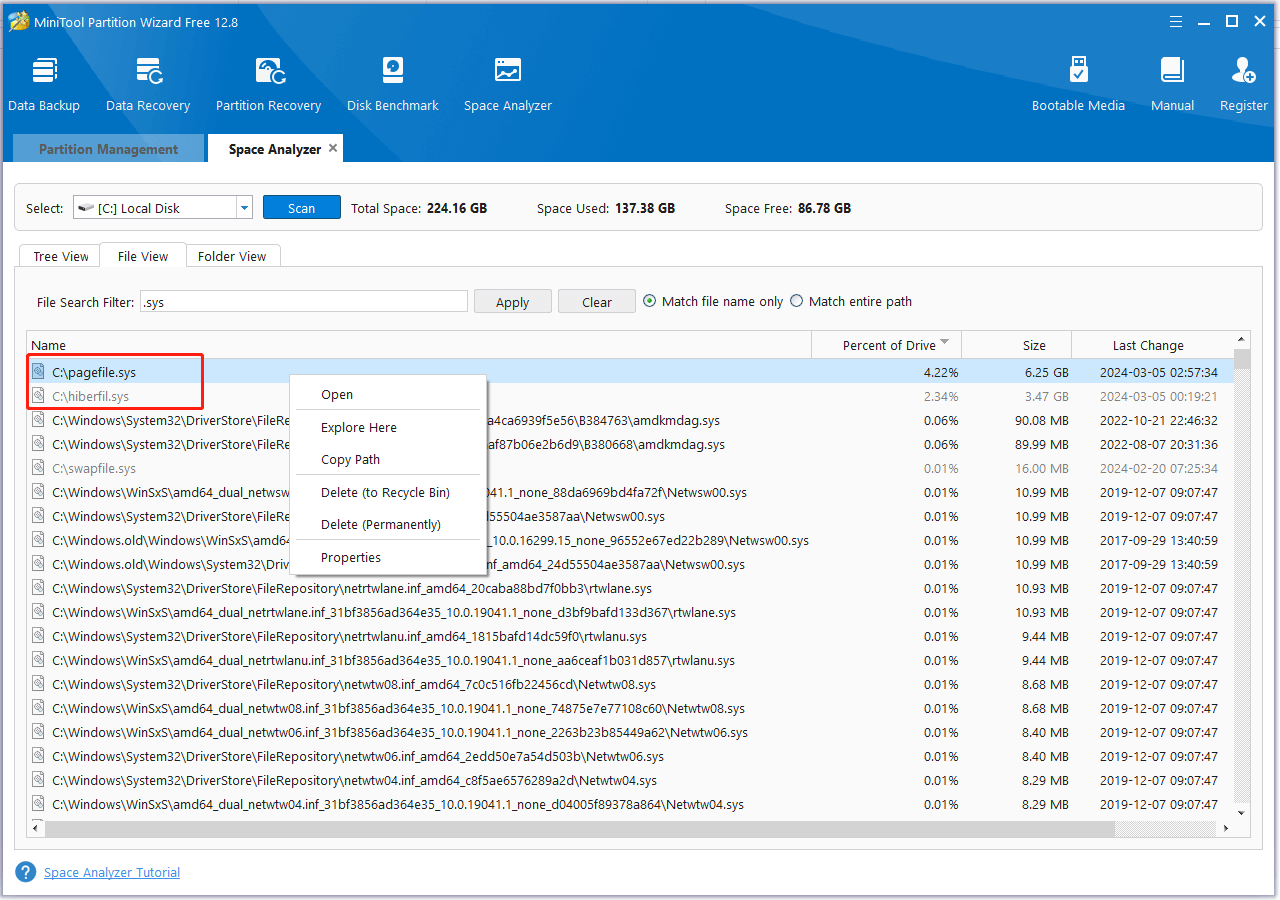 find sys files using MiniTool