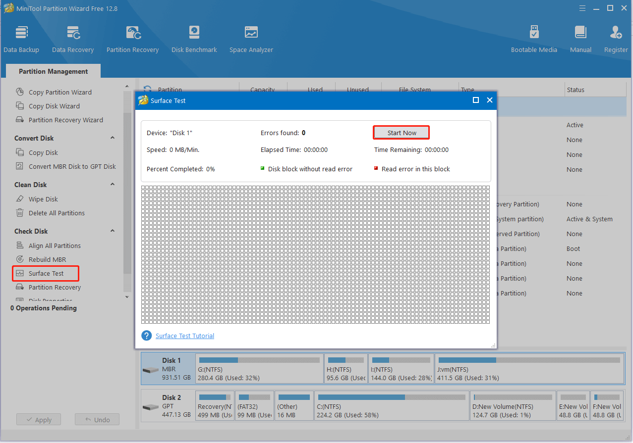 run Surface Test on MiniTool