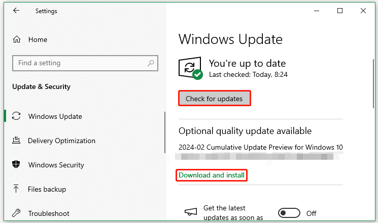 click Check for updates Windows 10