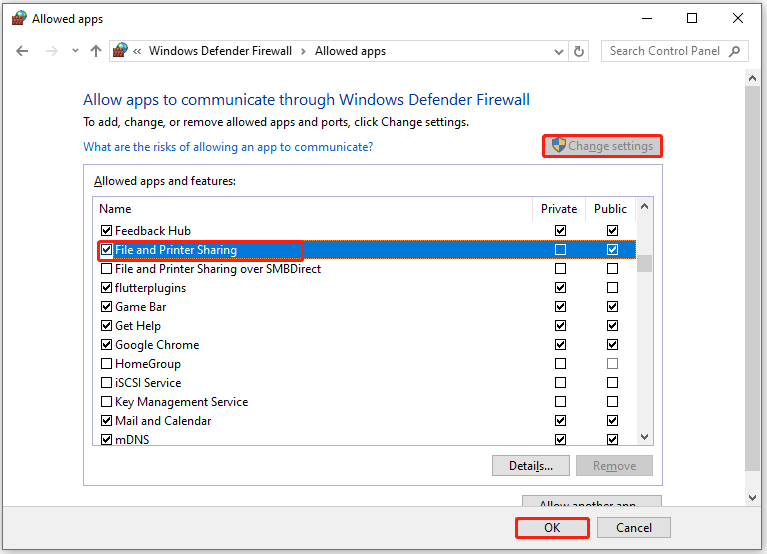 choose File and Printer Sharing