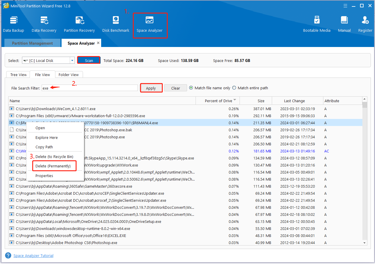 delete exe files using MiniTool