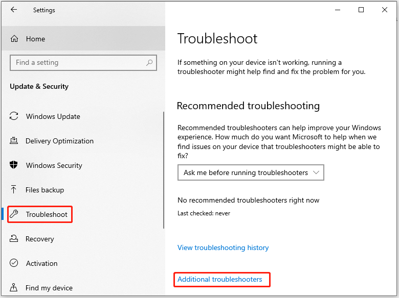 access Additional troubleshooters