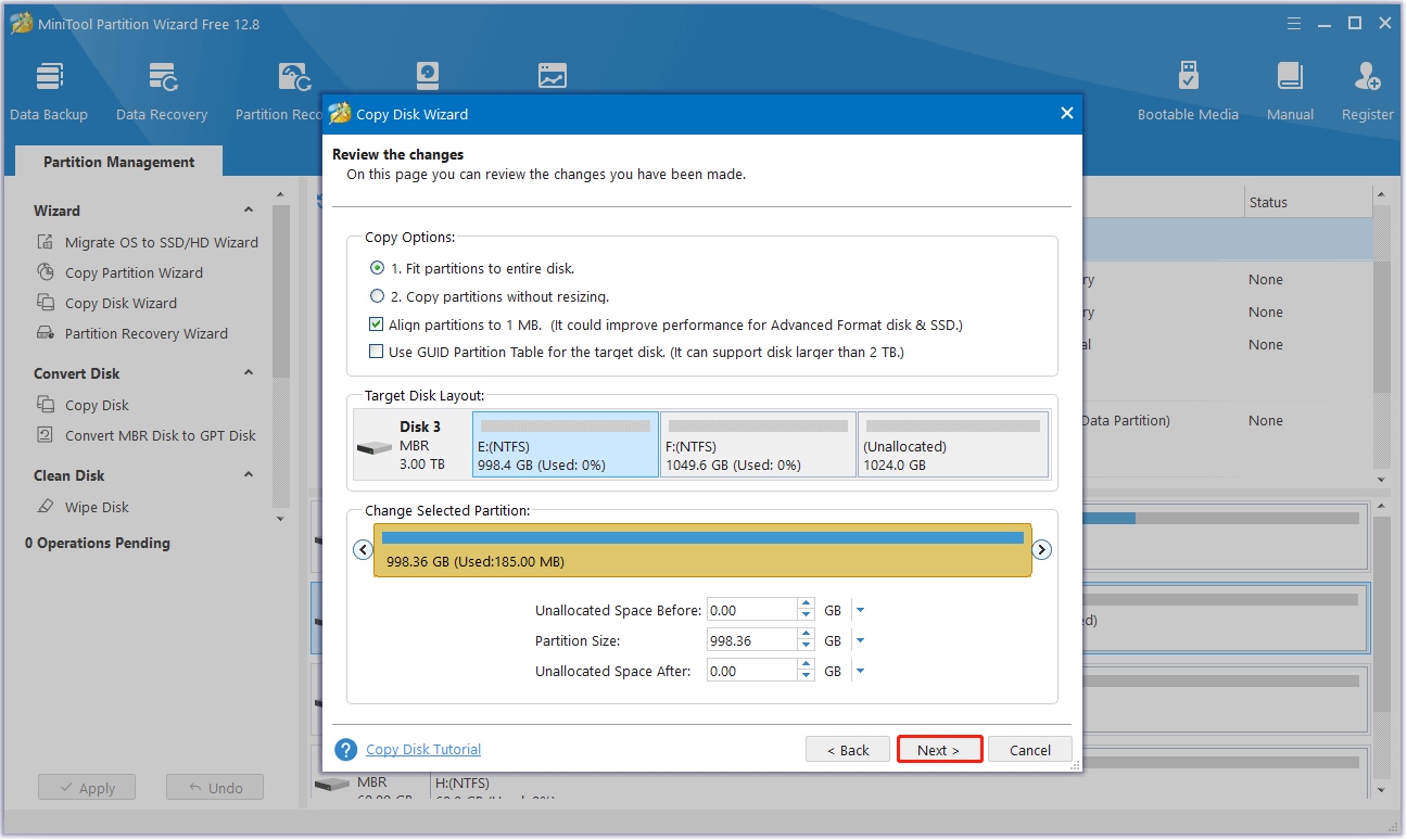 select copy options and press Next