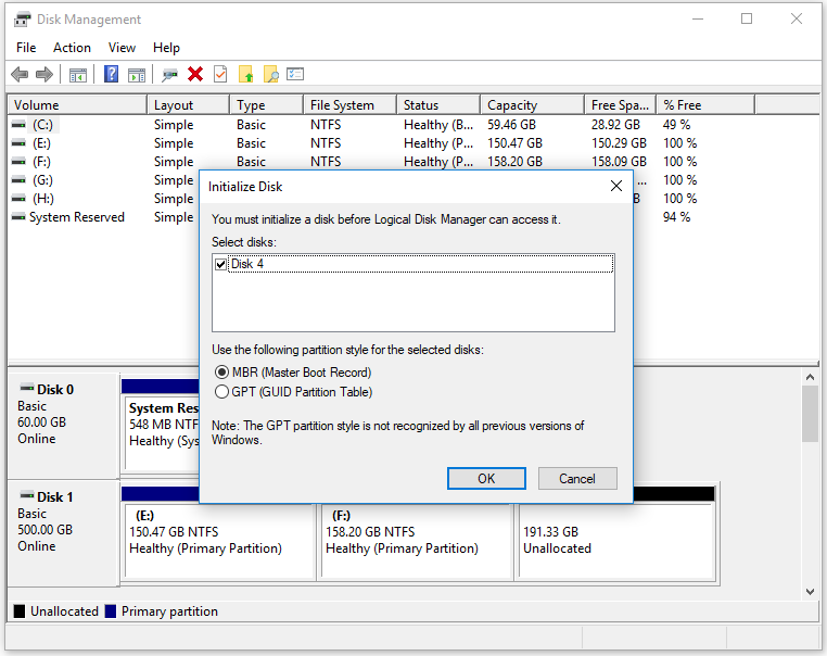 initialize disk on Disk Management