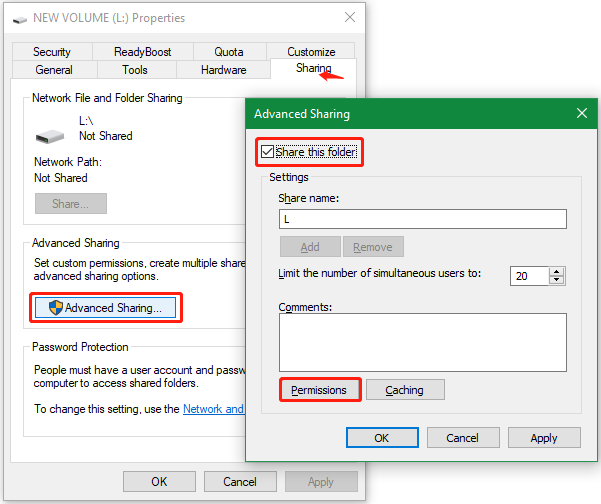click Permissions on Advanced Sharing