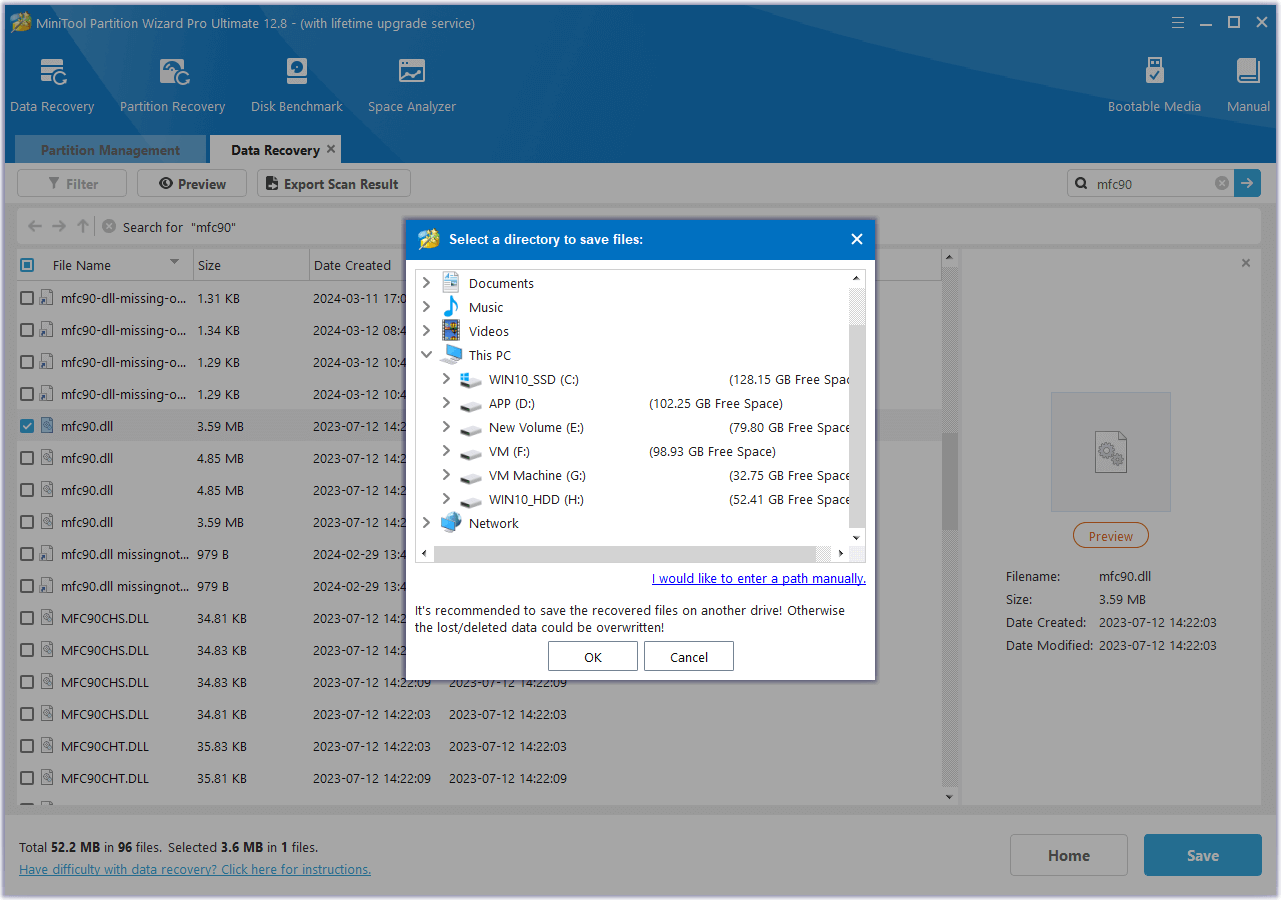 use Data Recovery feature to recover DLL file