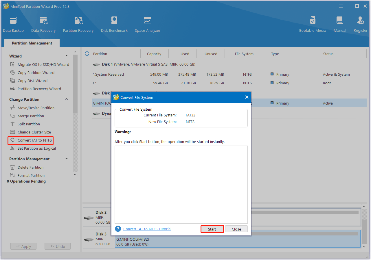 convert FAT32 to NTFS using MiniTool Partition Wizard
