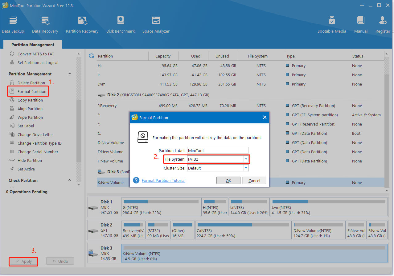 format SD card to FAT32 using MiniTool