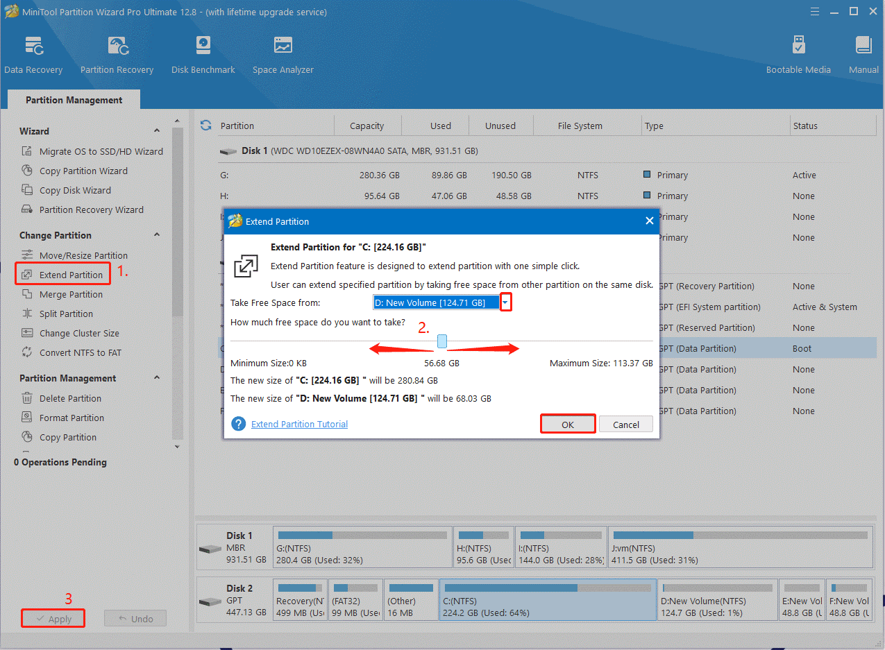 extend the C partition using MiniTool