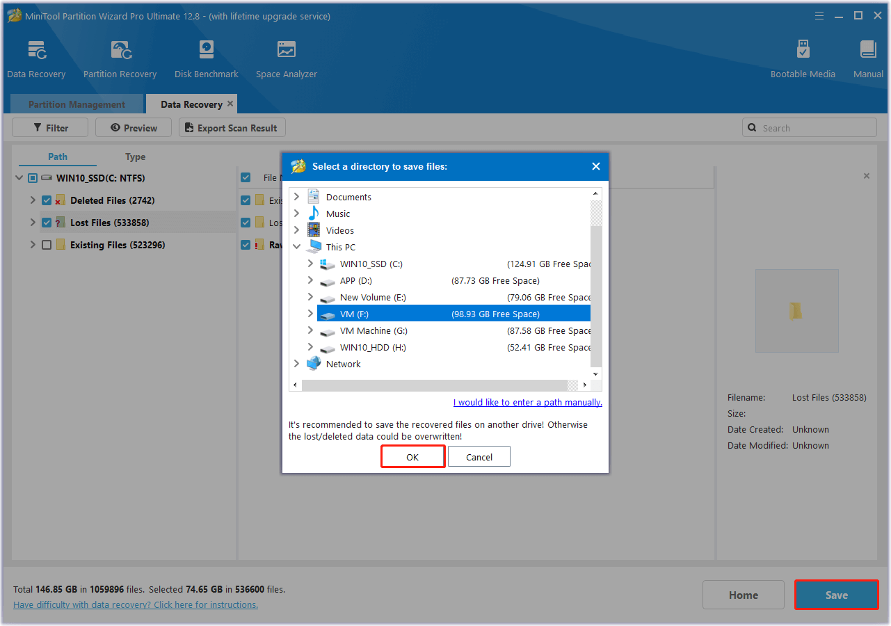 choose a location to save the recovered files